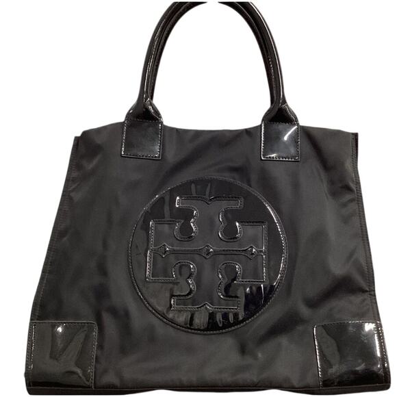 Tory Burch Ella Tote Bag Large Black Patent Leather Logo Nylon - Picture 4 of 7